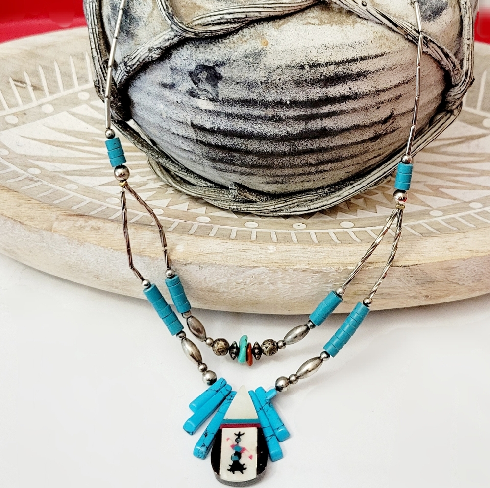 Turquoise Inlay and Liquid Silver Native Design Necklace